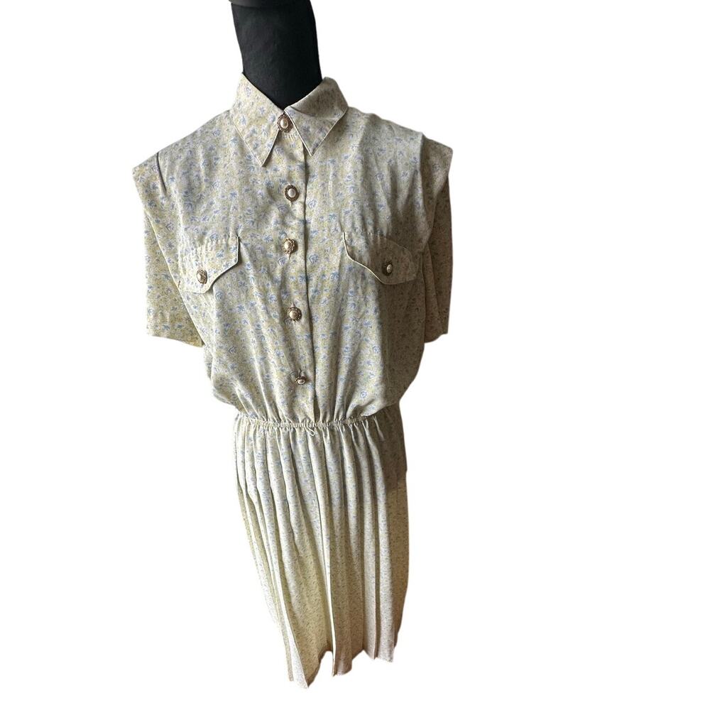 Vintage Leslie Fay Floral Pleated Dress 14P – Cottagecore Button Detail Chic